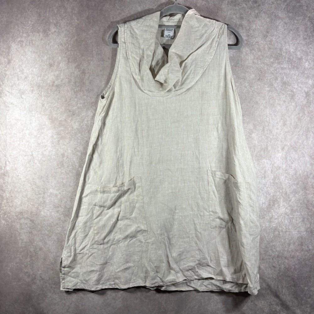 Match Point Tunic Women M Beige Linen Sleeveless Cowl Neck Lagenlook Coastal